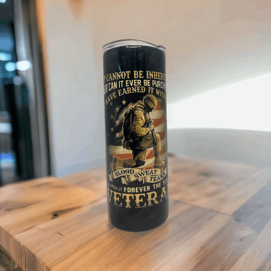 20oz black tumbler with american flag design featuring a soldier and veteran tribute text