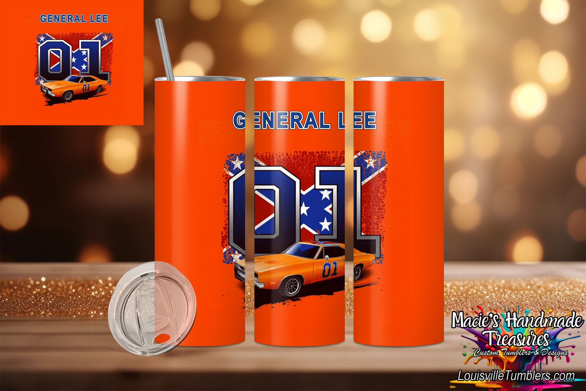 20oz orange stainless tumbler with confederate general lee design featuring a vintage car and number 01