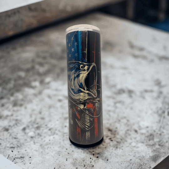 20oz stainless steel fishing tumbler with patriotic American flag and fish design by Macies Handmade Treasure's