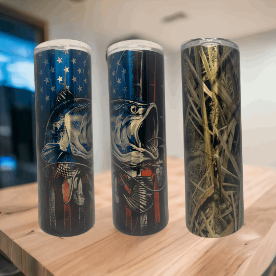 20oz tumblers with fishing designs including fish and patriotic American flag, and camouflage pattern