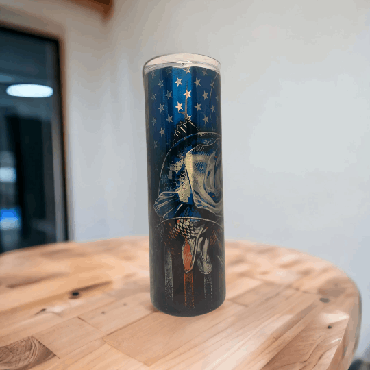 20oz Macies Handmade Treasure's stainless tumbler with blue fishing design and patriotic stars