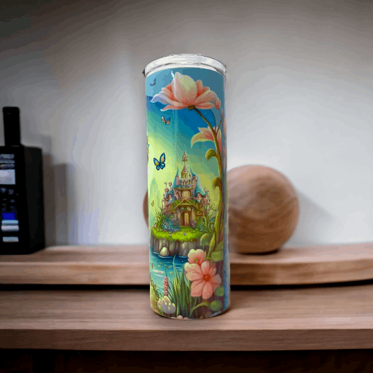 20oz tumbler with colorful fantasy castle and flower design by Macies Handmade Treasure's