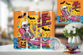 20oz Halloween tumbler 20 oz with orange skeleton design lounging by pool with pumpkins and bats