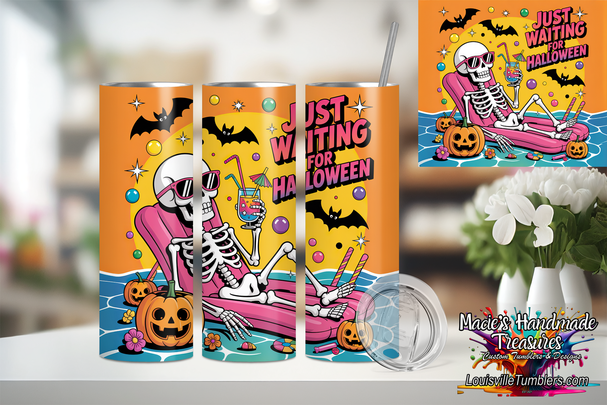 20oz Halloween tumbler 20 oz with orange skeleton design lounging by pool with pumpkins and bats