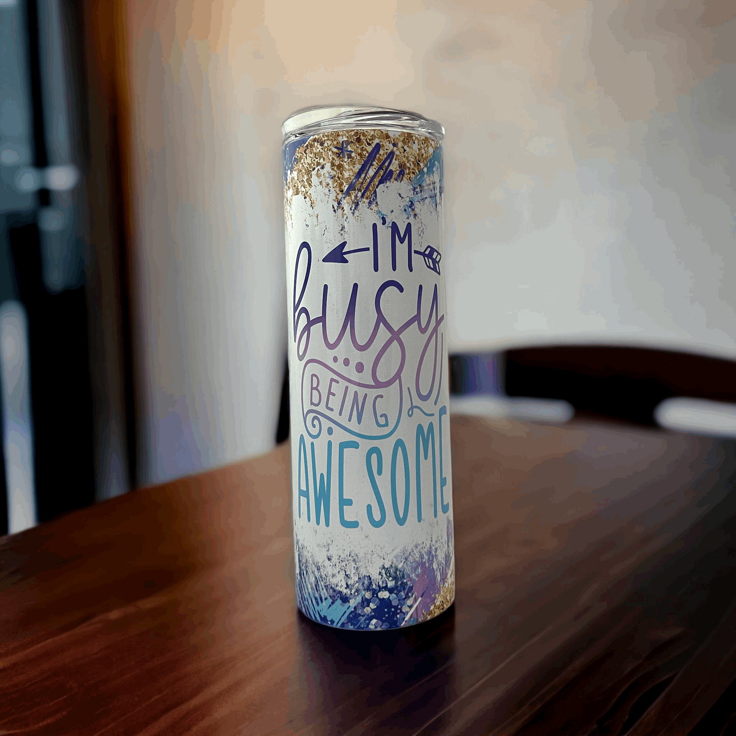 20oz tumbler insulated with colorful blue and gold design and I’m busy being awesome personalization