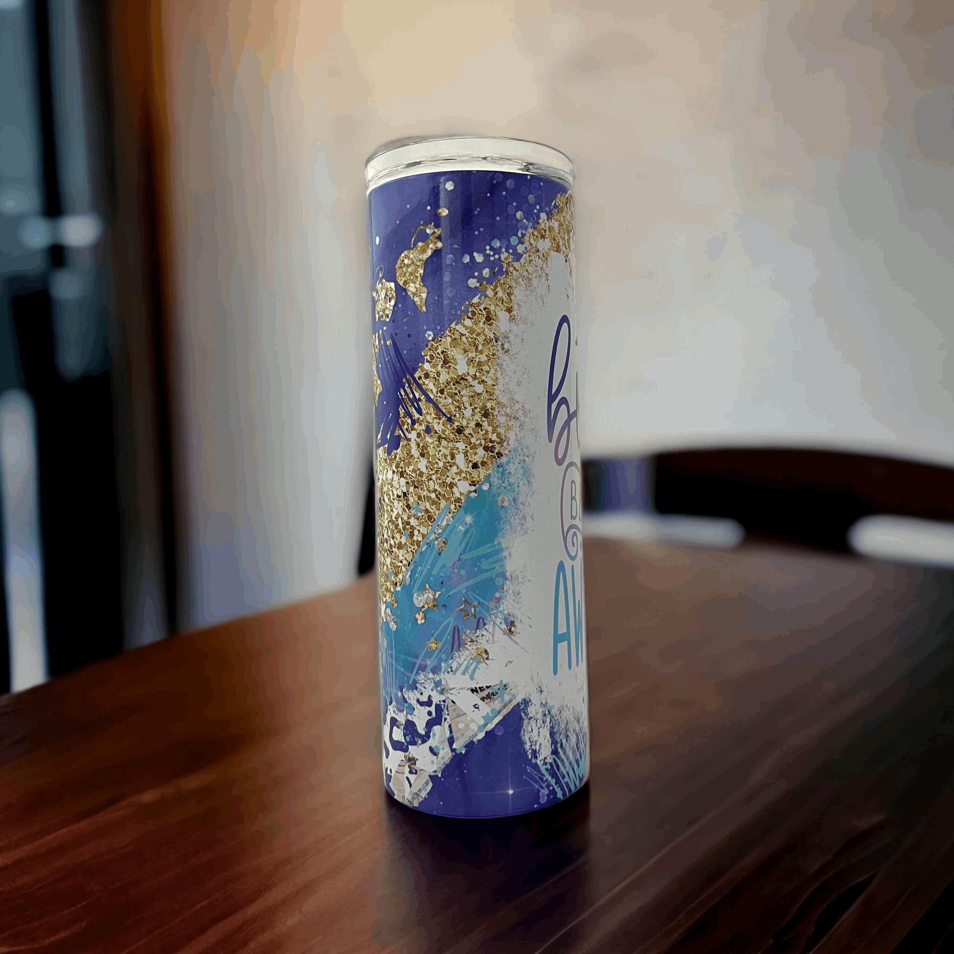 20oz tumbler insulated with blue and gold glitter design by Macies Handmade Treasures