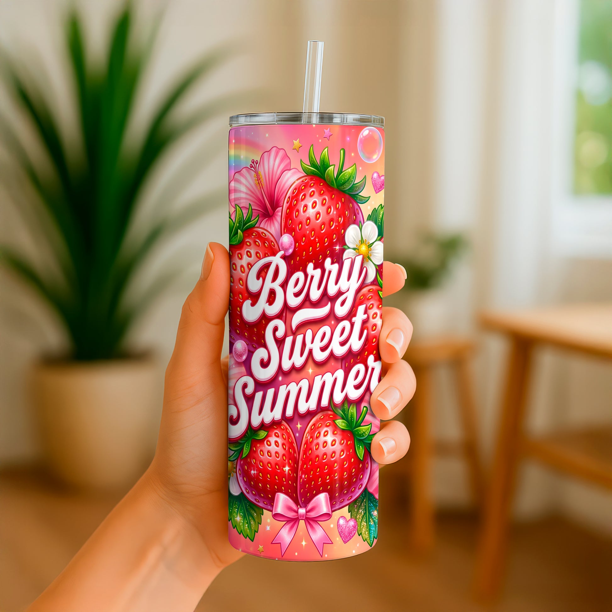 20oz tumbler with vibrant strawberry design and Berry Sweet Summer text by Macies Handmade Treasure's