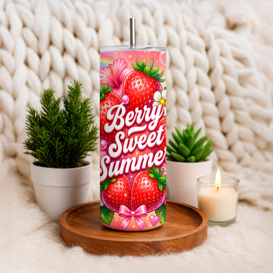 20oz tumbler with bright strawberry design and Berry Sweet Summer text on colorful background
