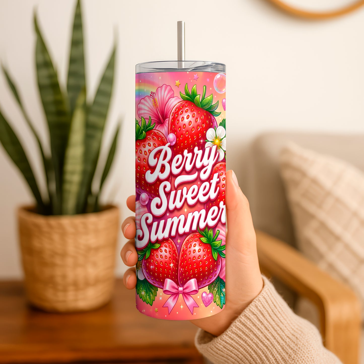 20oz tumbler with vibrant strawberry design and Berry Sweet Summer text on pink background