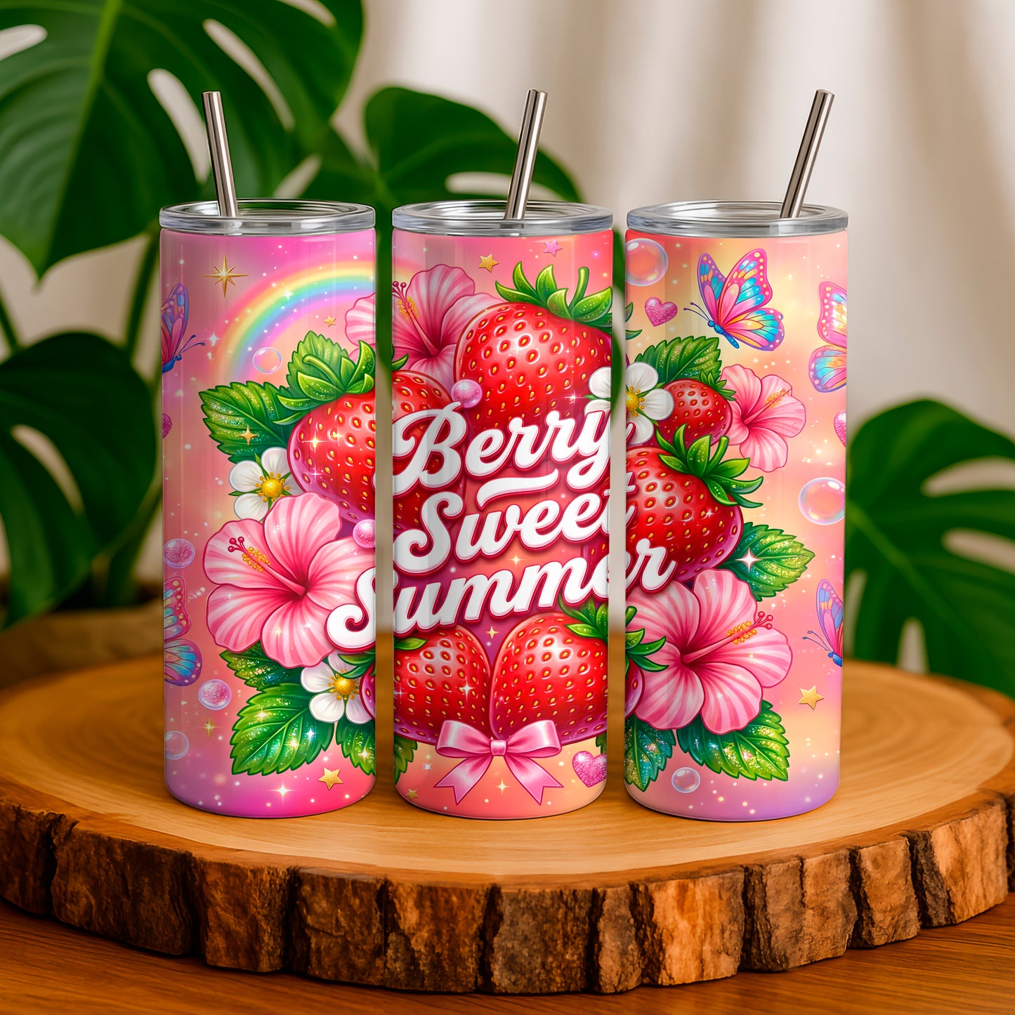 20oz tumbler with strawberry and floral design in pink featuring Berry Sweet Summer text