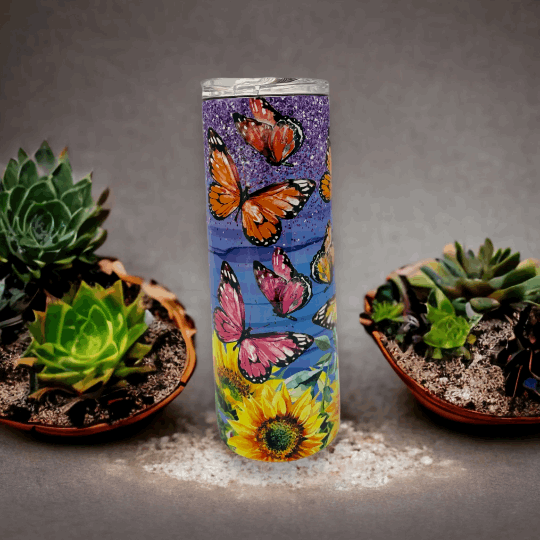 20oz stainless steel tumbler with colorful butterflies and bright sunflowers design by Macies Handmade Treasure's