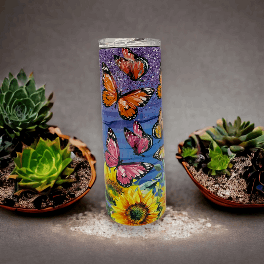 20oz stainless steel tumbler with colorful butterflies and bright sunflowers design by Macies Handmade Treasure's