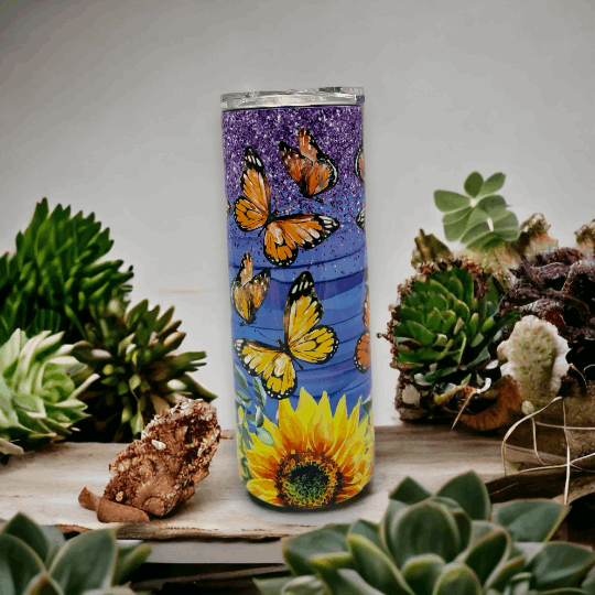 20oz stainless steel tumbler with sunflower and butterfly design in purple and blue by Macies Handmade Treasure's