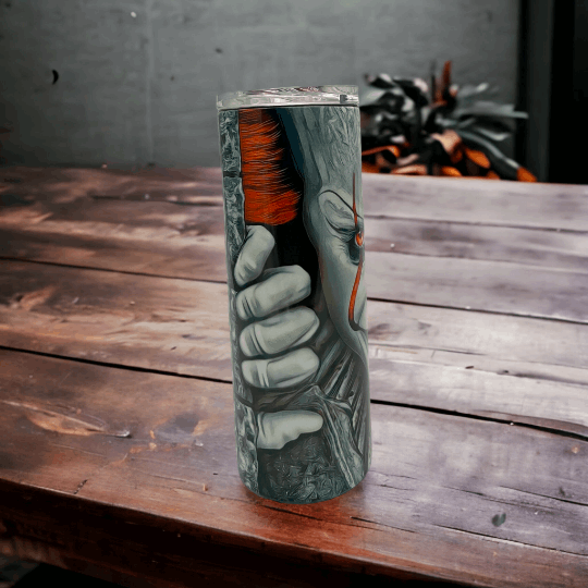 20oz stainless steel tumbler with 28 days horror design featuring a creepy clown holding a brush