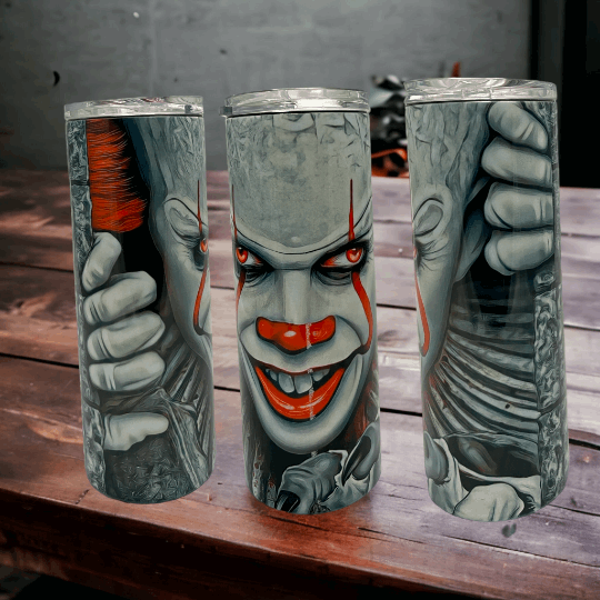 20oz stainless tumbler with 28 days horror design featuring a creepy clown with red accents by Macies Handmade Treasure's