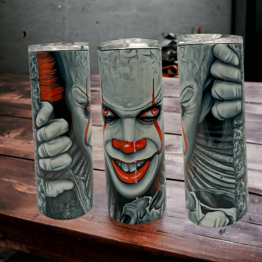 20oz stainless tumbler with 28 days horror design featuring a creepy clown with red accents by Macies Handmade Treasure's