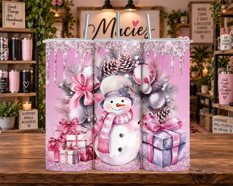 Pink Christmas Snowman with Presents 20 oz Tumbler