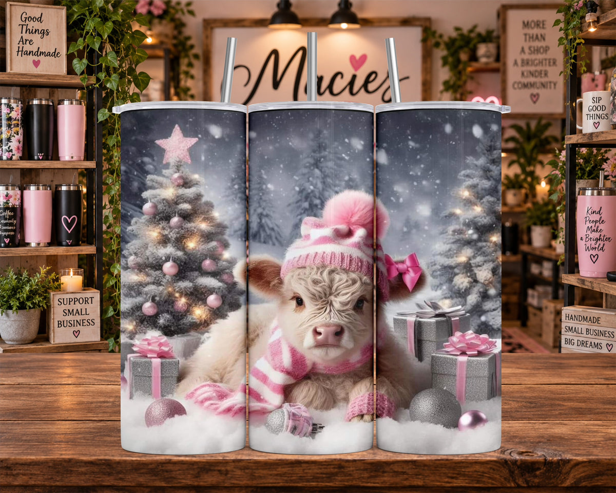 Christmas Highland Cow with Pink Decorations 20 oz Tumbler