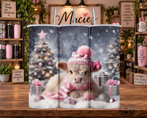 Christmas Highland Cow with Pink Decorations 20 oz Tumbler
