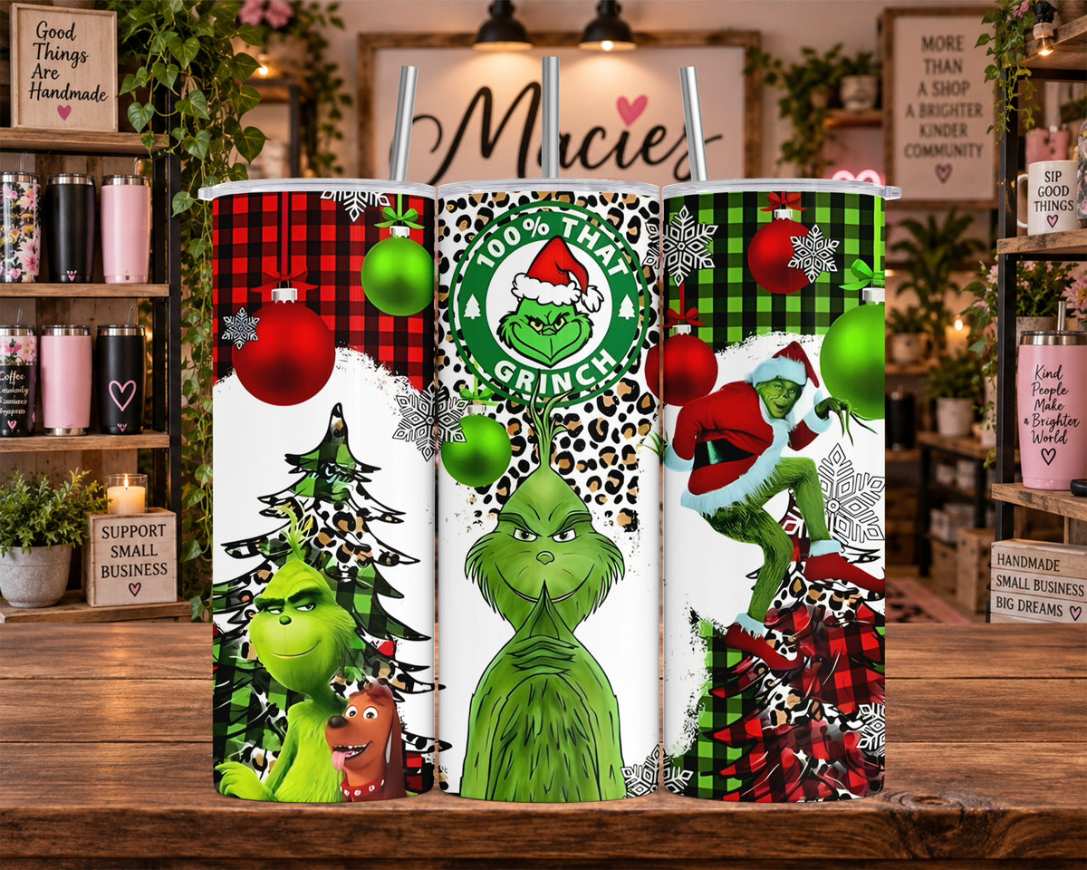 Grinch Christmas Leopard Plaid 20 oz Tumbler