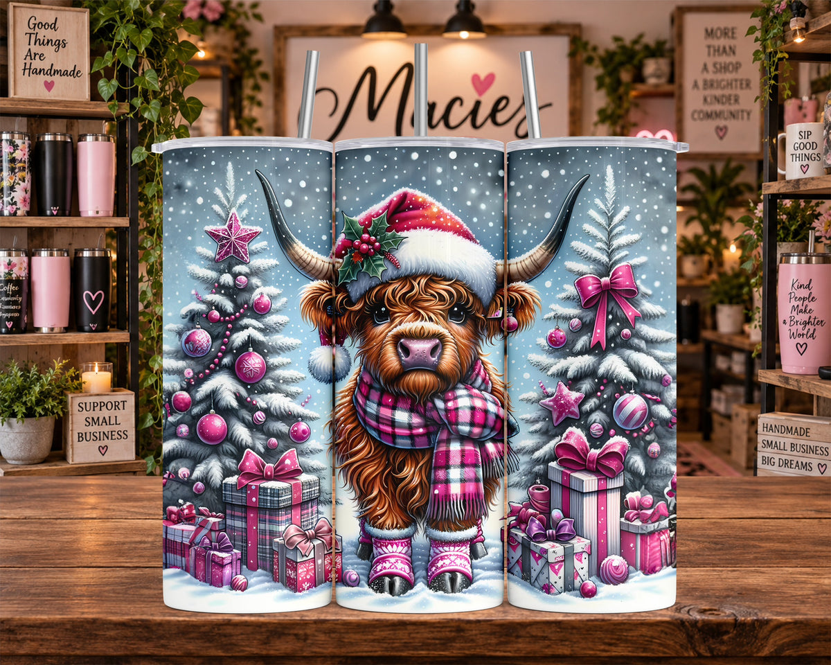 Pink Christmas Highland Cow 20 oz Tumbler