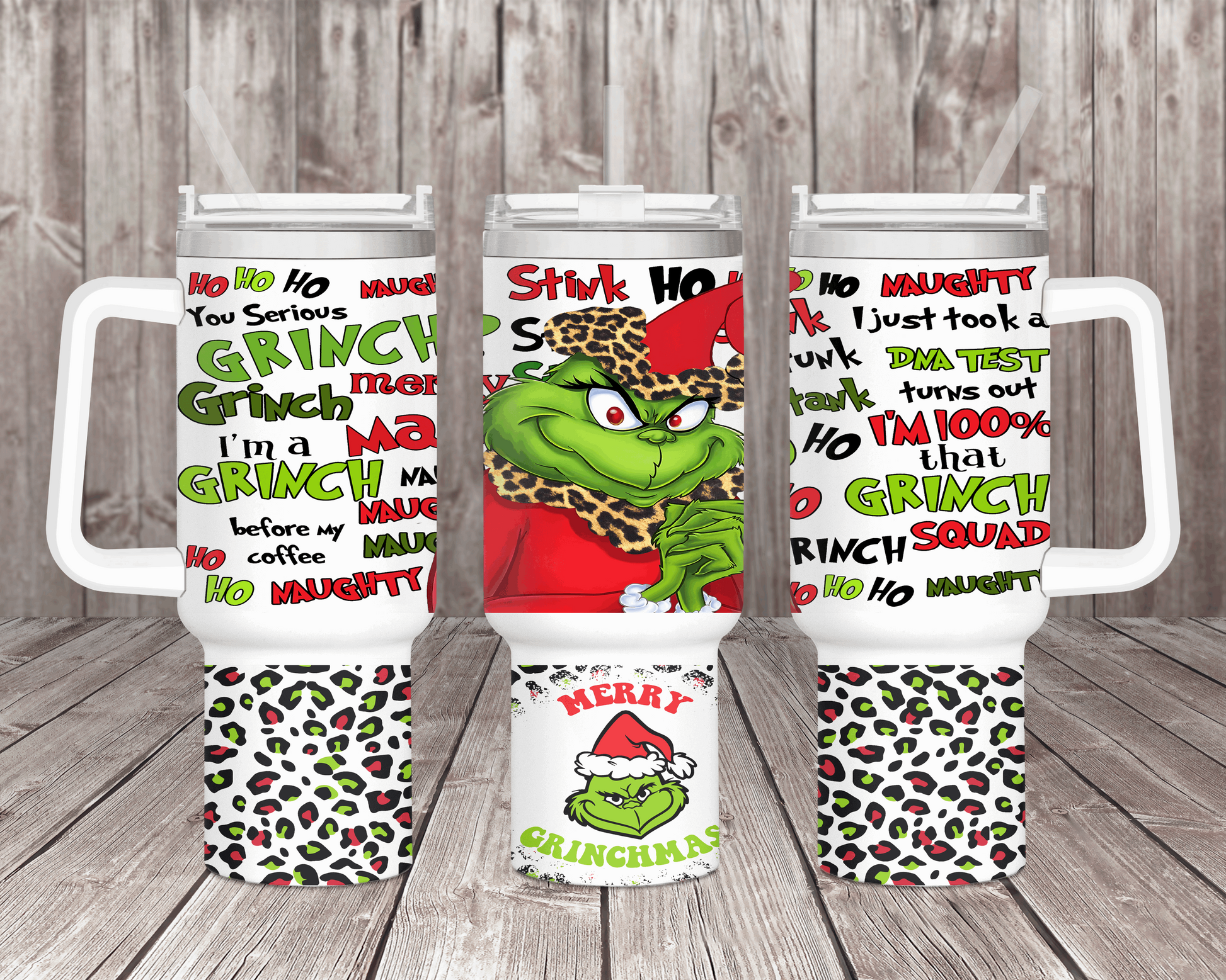 Leopard Print Grinch: Festive 40oz Christmas Tumbler