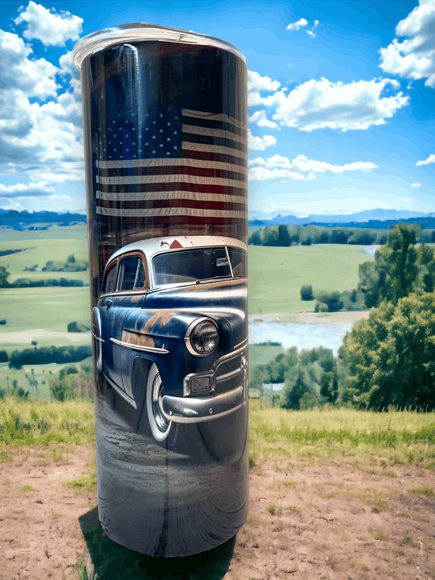 20 oz Old Car with American Flag