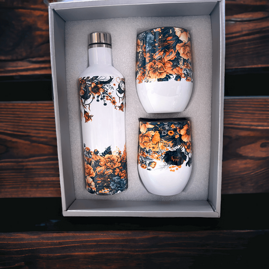 Wine Gift Set Black and Orange Floral