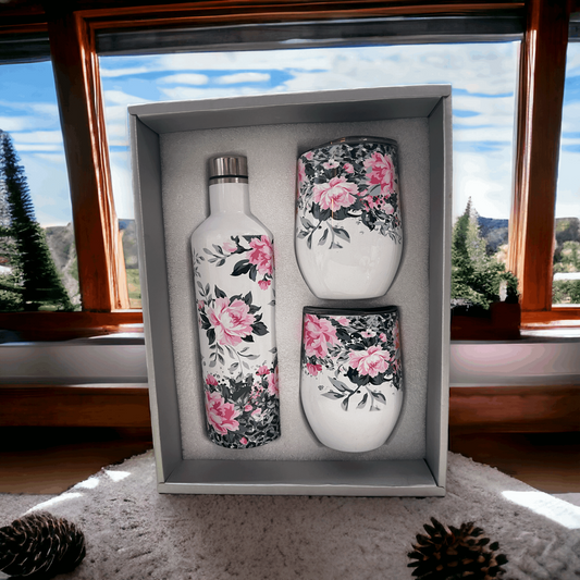 Wine Gift Set Pink & Black Floral