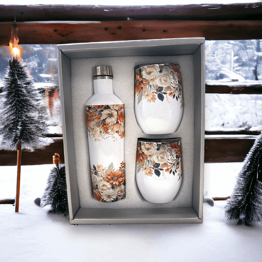 Wine Gift Set Brown Flowers