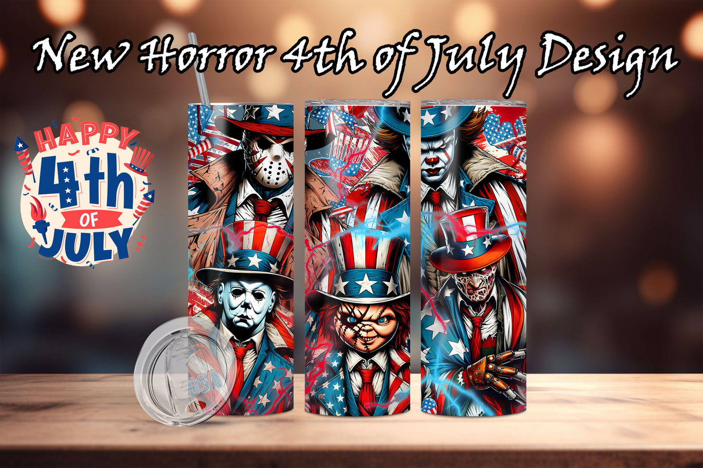 Macies Handmade Treasure's 20oz tumbler with American 4th of July horror design featuring patriotic creepy characters