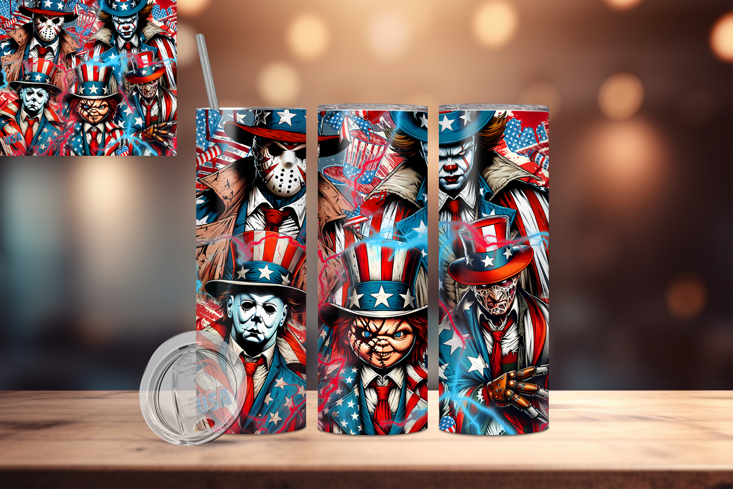 Macies Handmade Treasure's 20oz tumbler with American 4th of July themed horror character design
