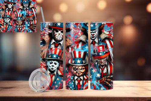 Macies Handmade Treasure's 20oz tumbler with American 4th of July themed horror character design