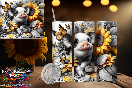 20oz Blsck & White Pig with sunflowers