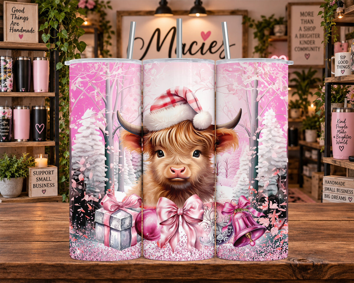 Pink Christmas Highland Cow 20 oz Tumbler