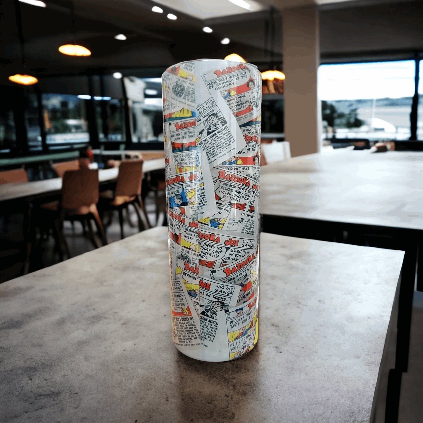 20oz Bazooka Joe tumbler by Macies Handmade Treasure's with colorful comic strip design on stainless steel
