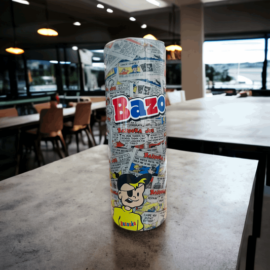 20oz Bazooka Joe tumbler with colorful comic strip design and character artwork by Macies Handmade Treasures