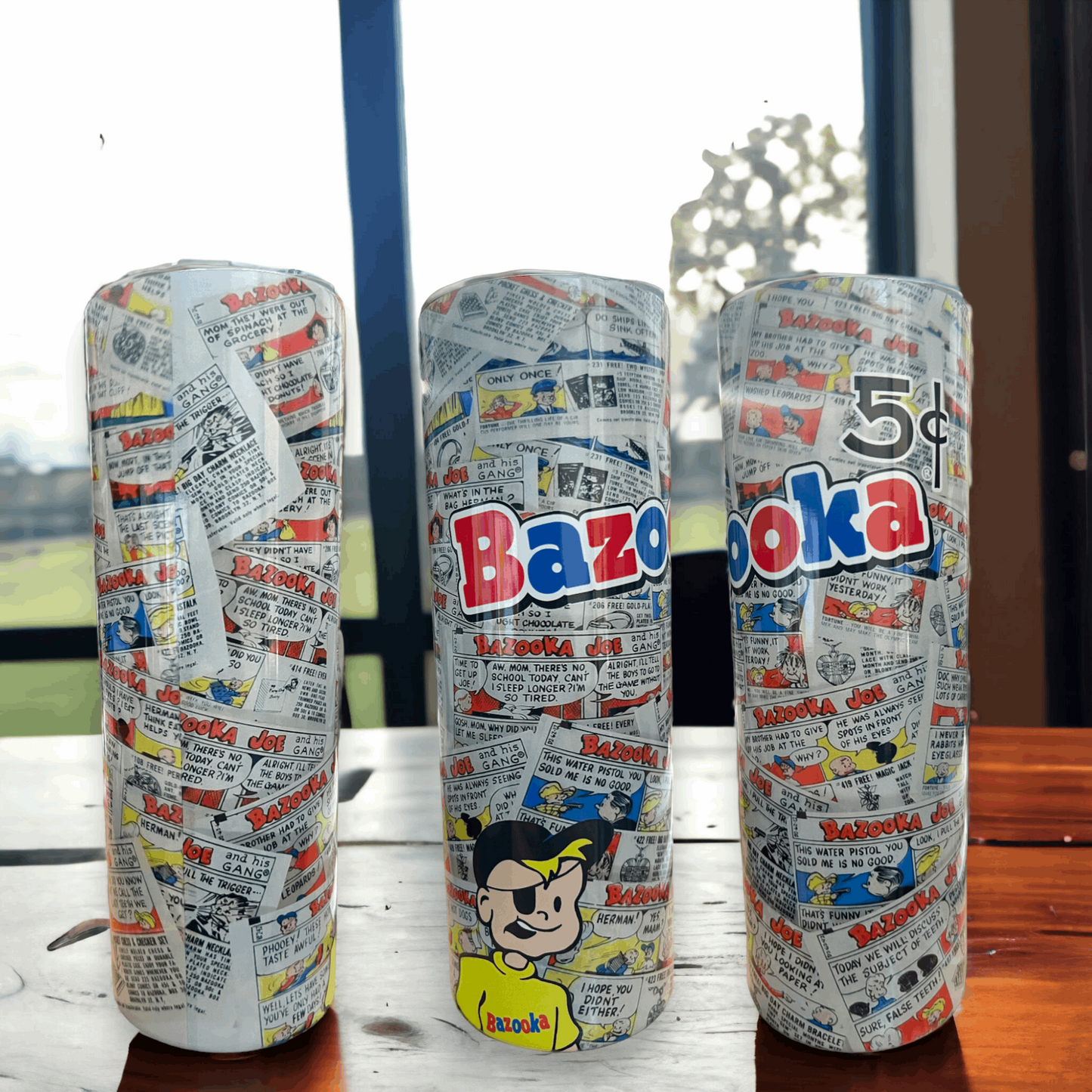 20oz Bazooka Joe tumbler with colorful comic strip design featuring vintage Bazooka Joe character and logo