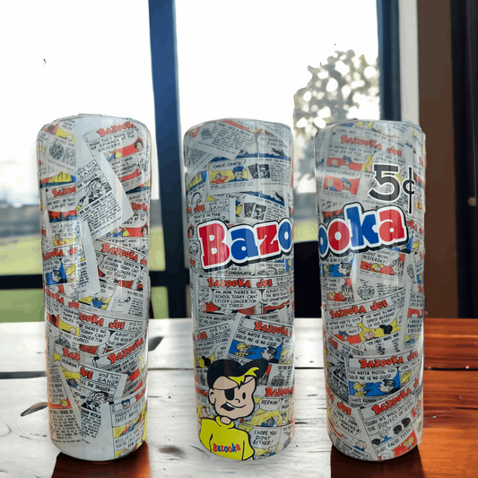 20oz Bazooka Joe tumbler with colorful comic strip design featuring vintage Bazooka Joe character and logo