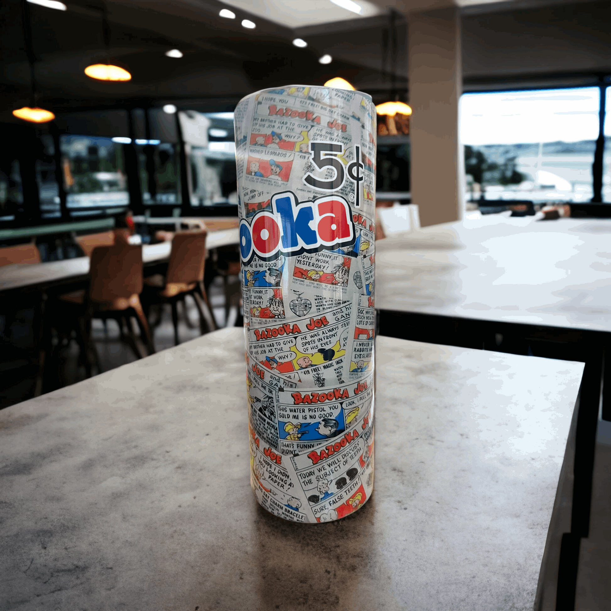 20oz Bazooka Joe tumbler by Macies Handmade Treasure's with colorful comic strip design and 5 cent logo