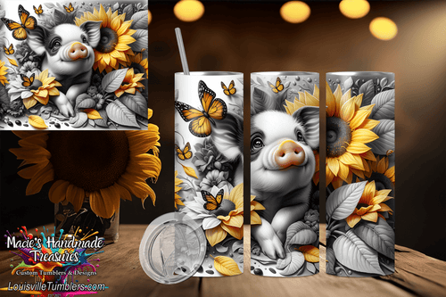 20oz black and white pig tumbler with sunflower and butterfly design by Macies Handmade Treasure's