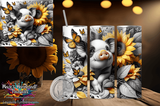 20oz black and white pig tumbler with sunflower and butterfly design by Macies Handmade Treasure's