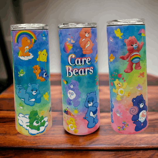 20oz Macies Handmade Treasure's tumbler with colorful care bears care bear design and rainbow accents
