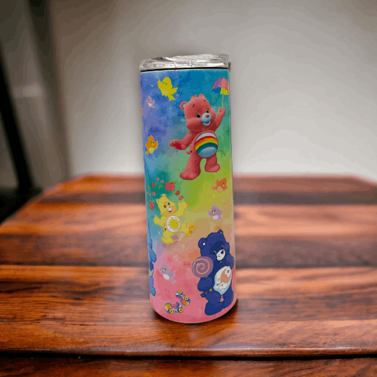 20oz tumbler with colorful care bears care bear design featuring multiple characters on a pastel rainbow background