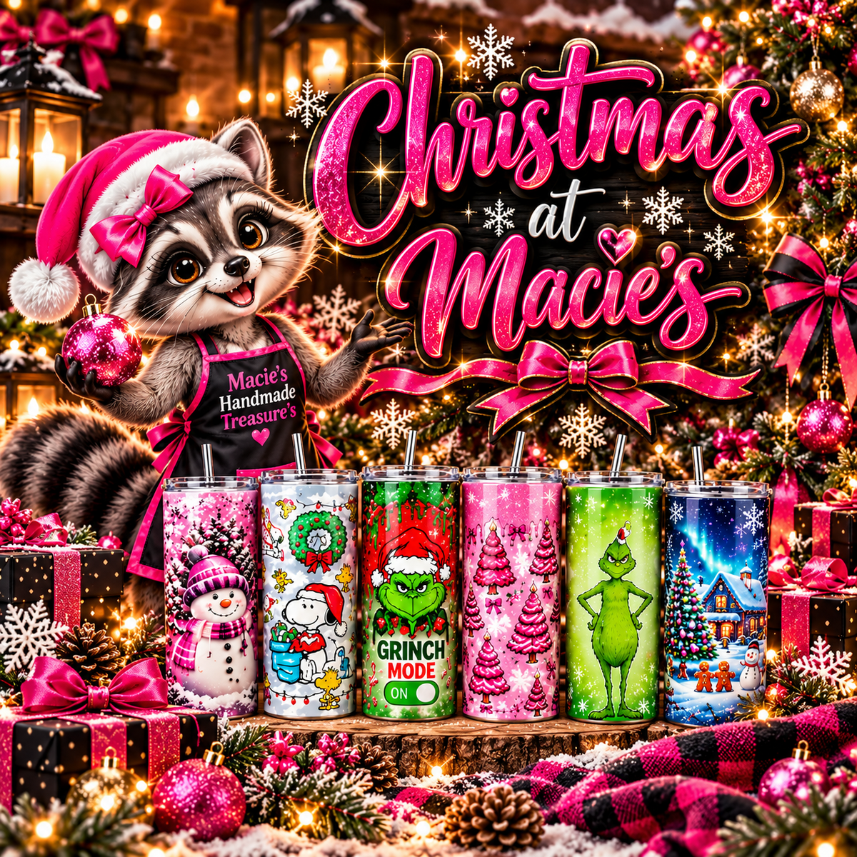 Christmas at Macie’s holiday showcase with Macie the raccoon mascot and colorful Christmas tumblers