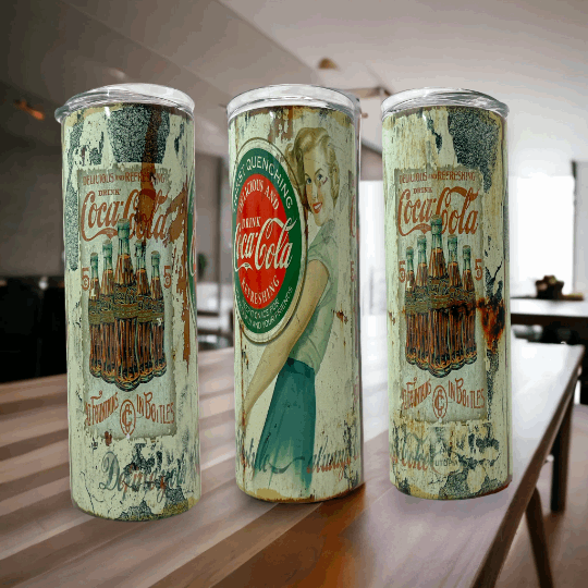 20oz tumbler with vintage coca-cola design featuring retro woman and classic bottle artwork