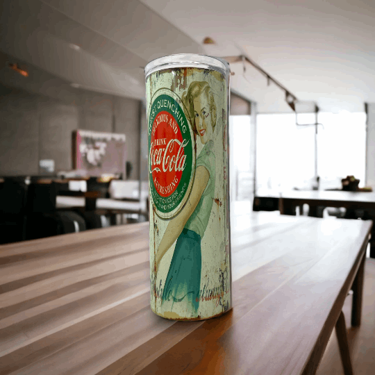 20oz stainless steel tumbler with vintage coca-cola design featuring a retro woman in teal skirt