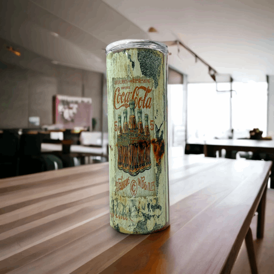 20oz tumbler with vintage coca-cola bottle design in rustic distressed colors by Macies Handmade Treasure's