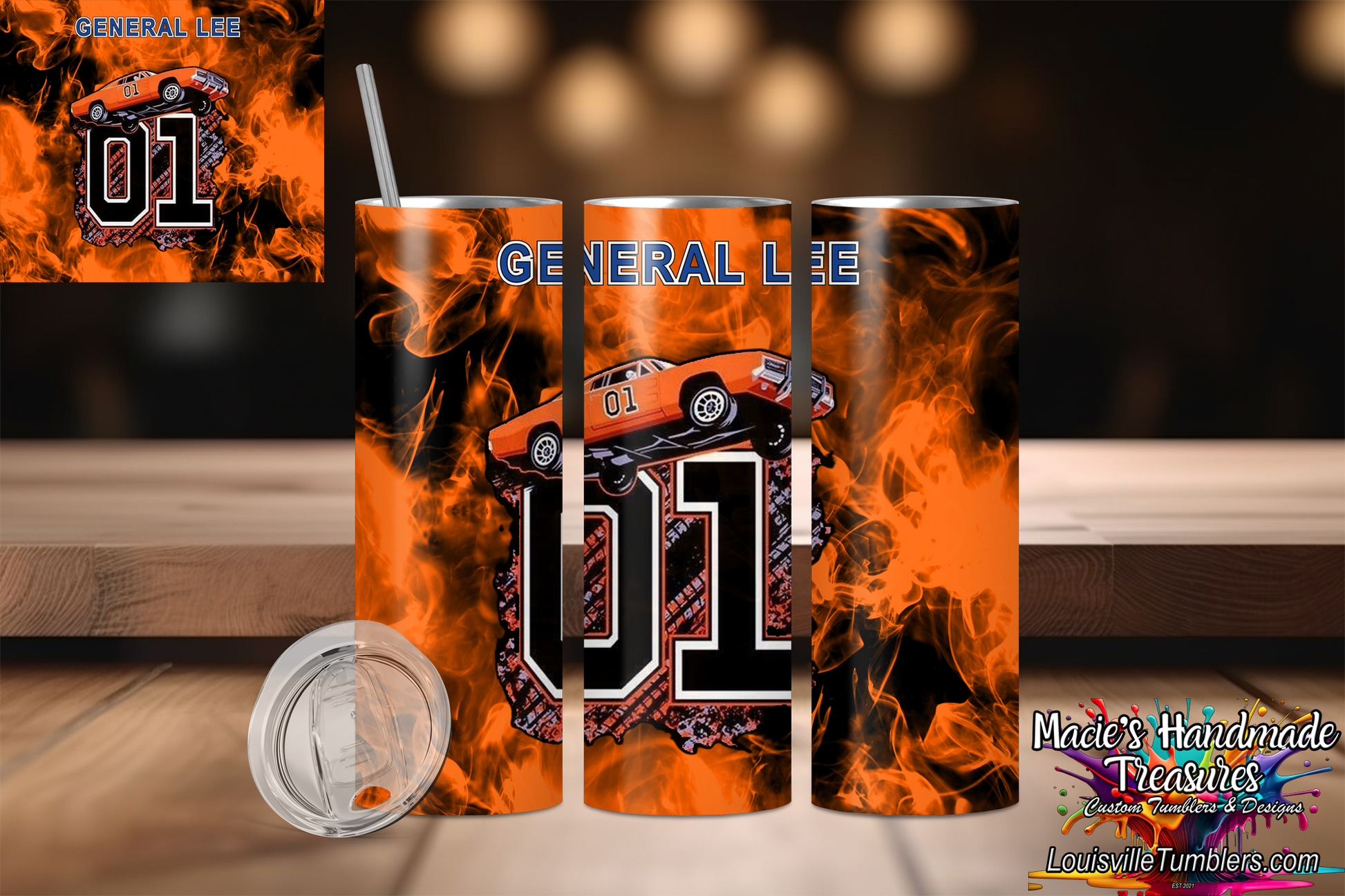 20oz stainless tumbler with confederate general lee design featuring car 01 and orange flames custom handmade