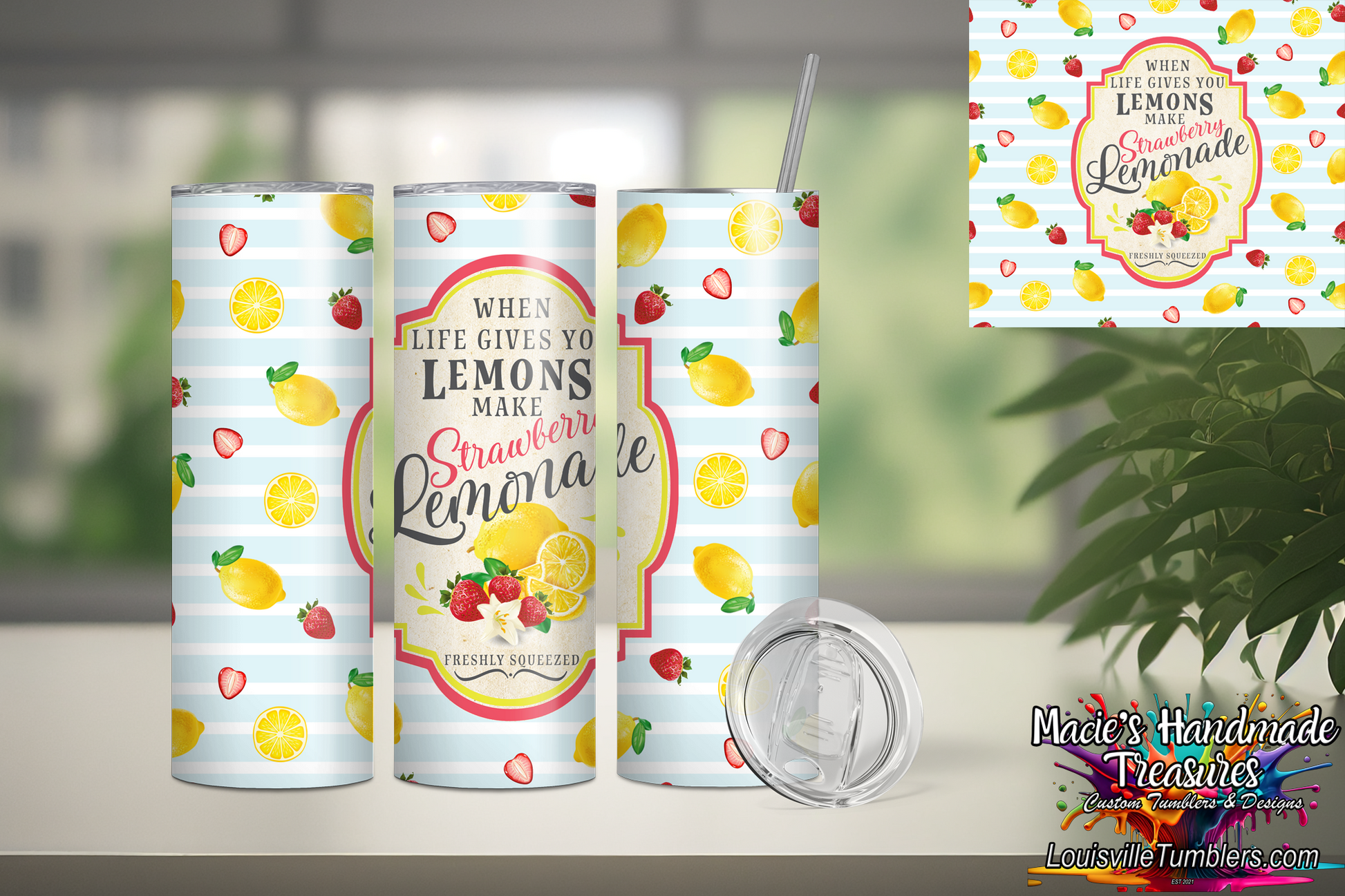 Macies Handmade Treasures 20oz tumbler with strawberry lemonade design featuring lemons and strawberries